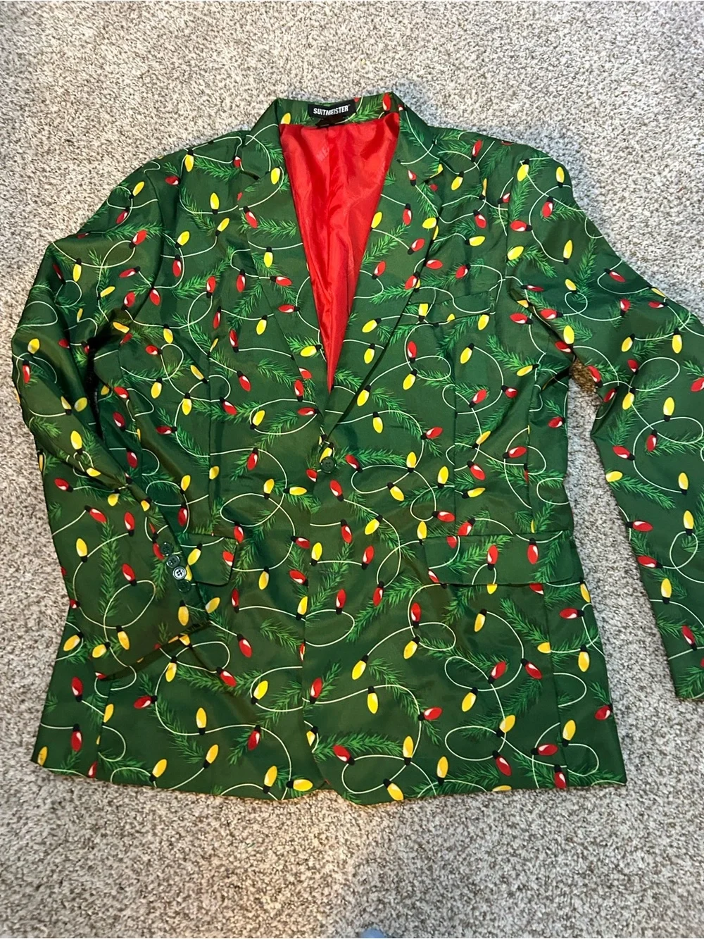 Men’s Holiday Green Blazer with Multicolor Light Bulb Print
